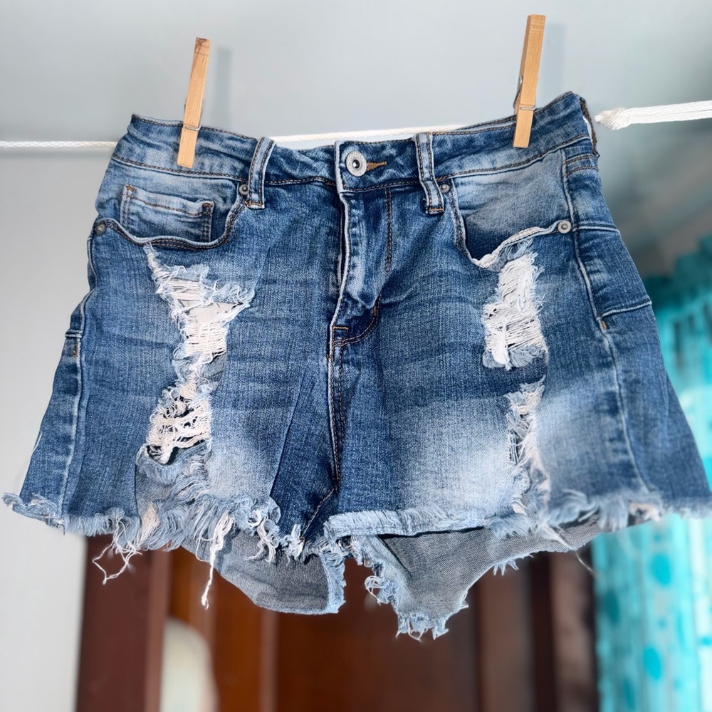 Ripped Blue Denim Jean Shorts